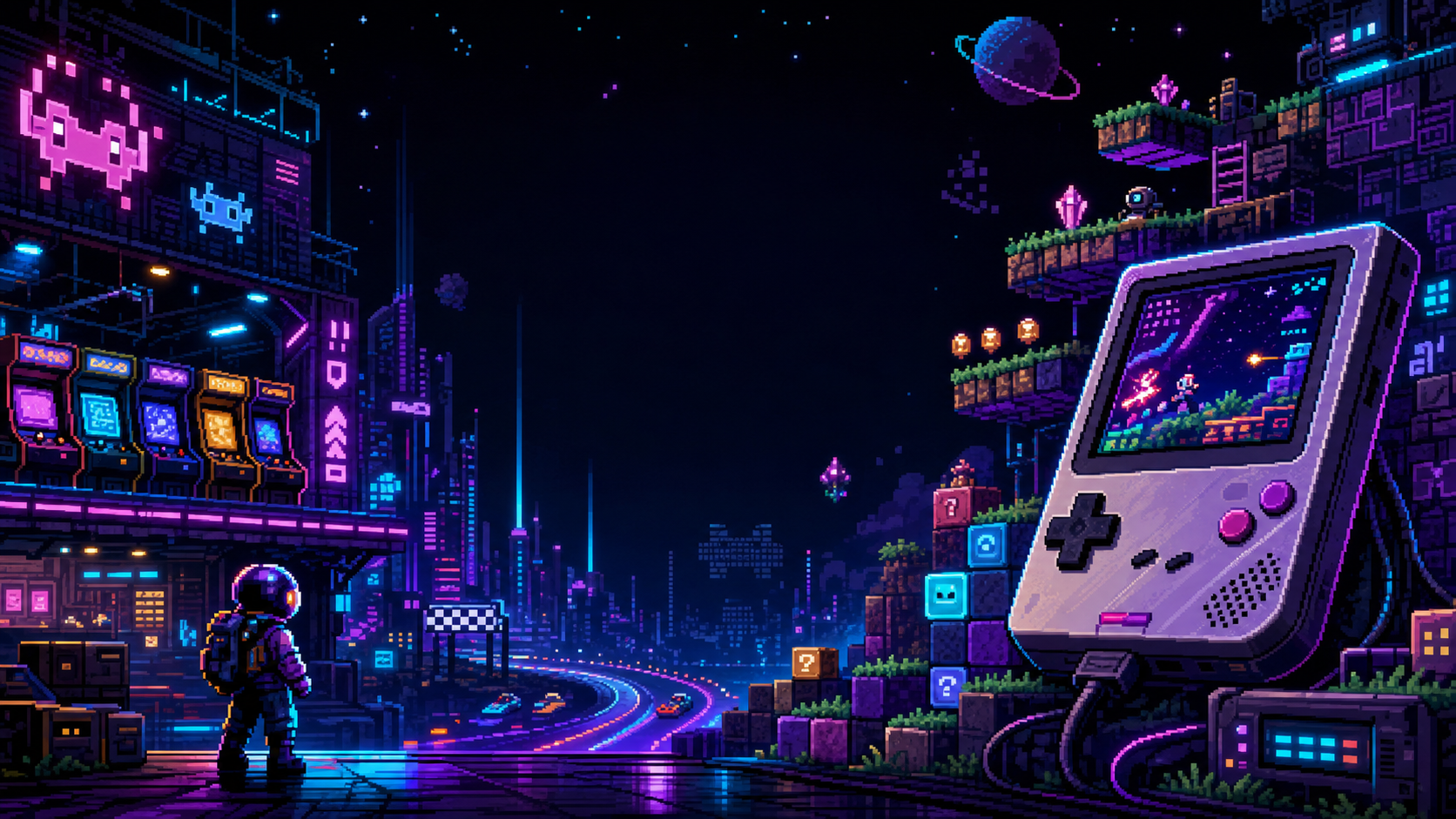 Ville d’arcade en pixel art TechNova